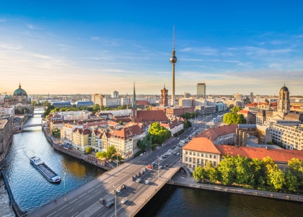 Berlin skyline with Spree river at sunset