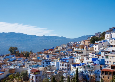 Sunny view of Chefchaouen Morocco's blue painted buildings
