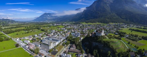 Aerial view of Triesenberg and the Alps in Liechstenstein
