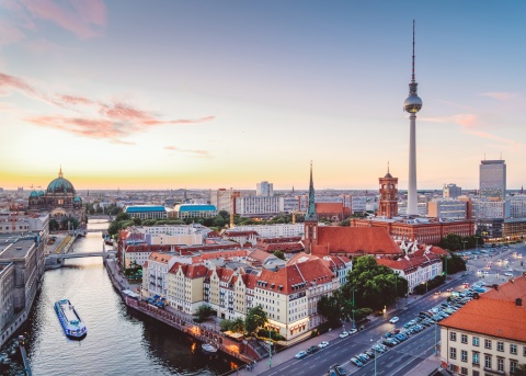 Aerial view of Berlin, Germany featuring the Berlin TV tower and the River Spree.