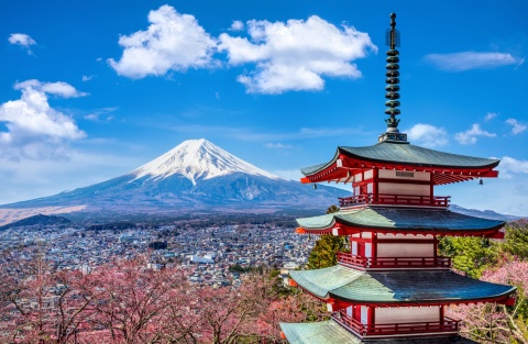Mt Fuji, snowcapped, and the Chureito Pagoda in Fujiyoshida, Japan