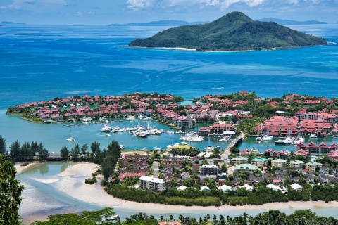 Aerial view of Eden Island marine park in Seychelles