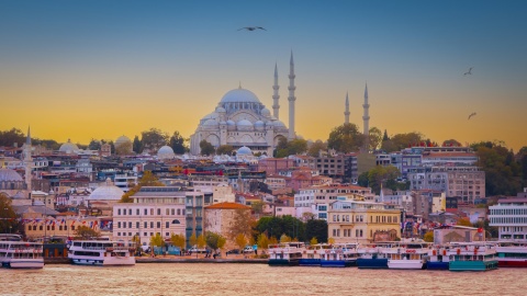 View of Istanbul Turkey from the Bosphorus at sunset