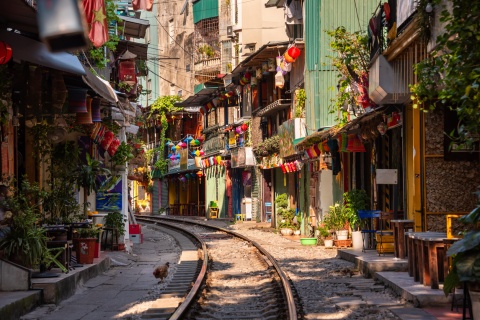 Hanoi Vietnam’s famous train street crowded with shops