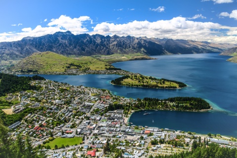 Aerial view of Queensland and the surrounding bay and mountains in New Zealand